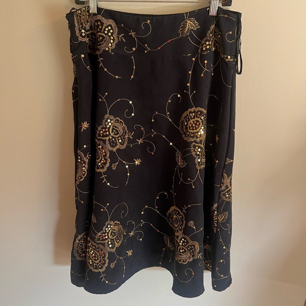 Richard Malcom Elegant Black A-Line Skirt with Gold Floral Design